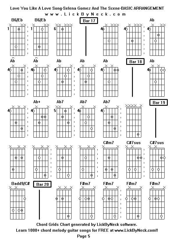 Chord Grids Chart of chord melody fingerstyle guitar song-Love You Like A Love Song-Selena Gomez And The Scene-BASIC ARRANGEMENT,generated by LickByNeck software.